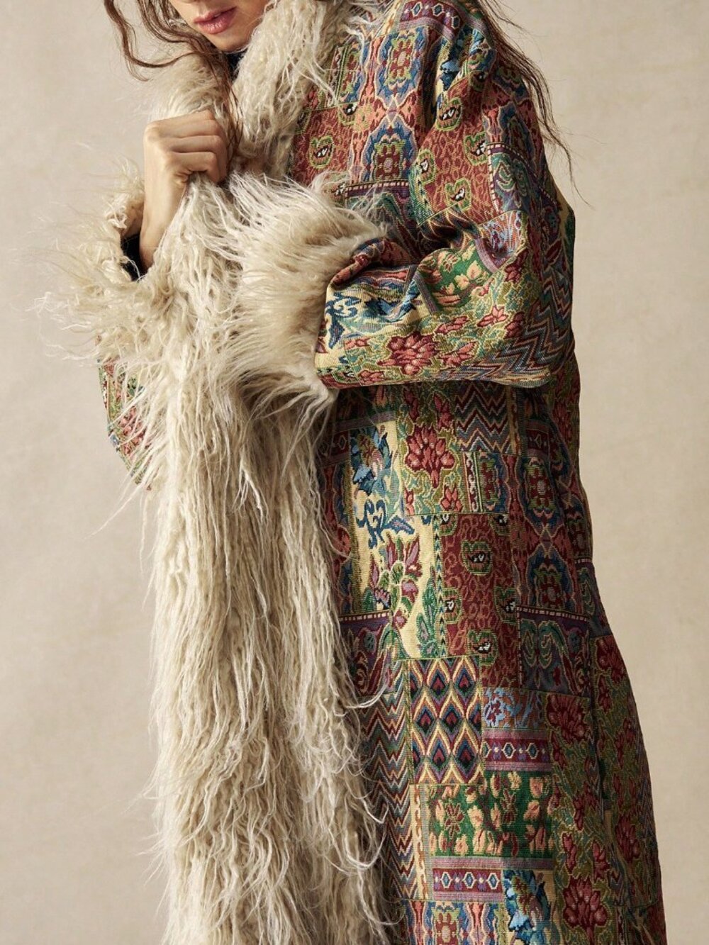 Multicolor Boho Women's Jacquard Faux Fur Trim Coat - Picture 5 of 7
